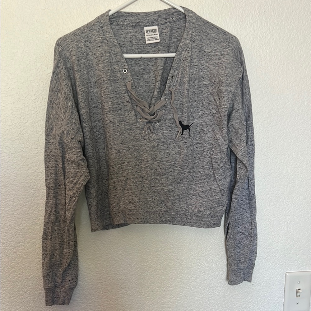 Gray Lace-Up Long Sleeve Top